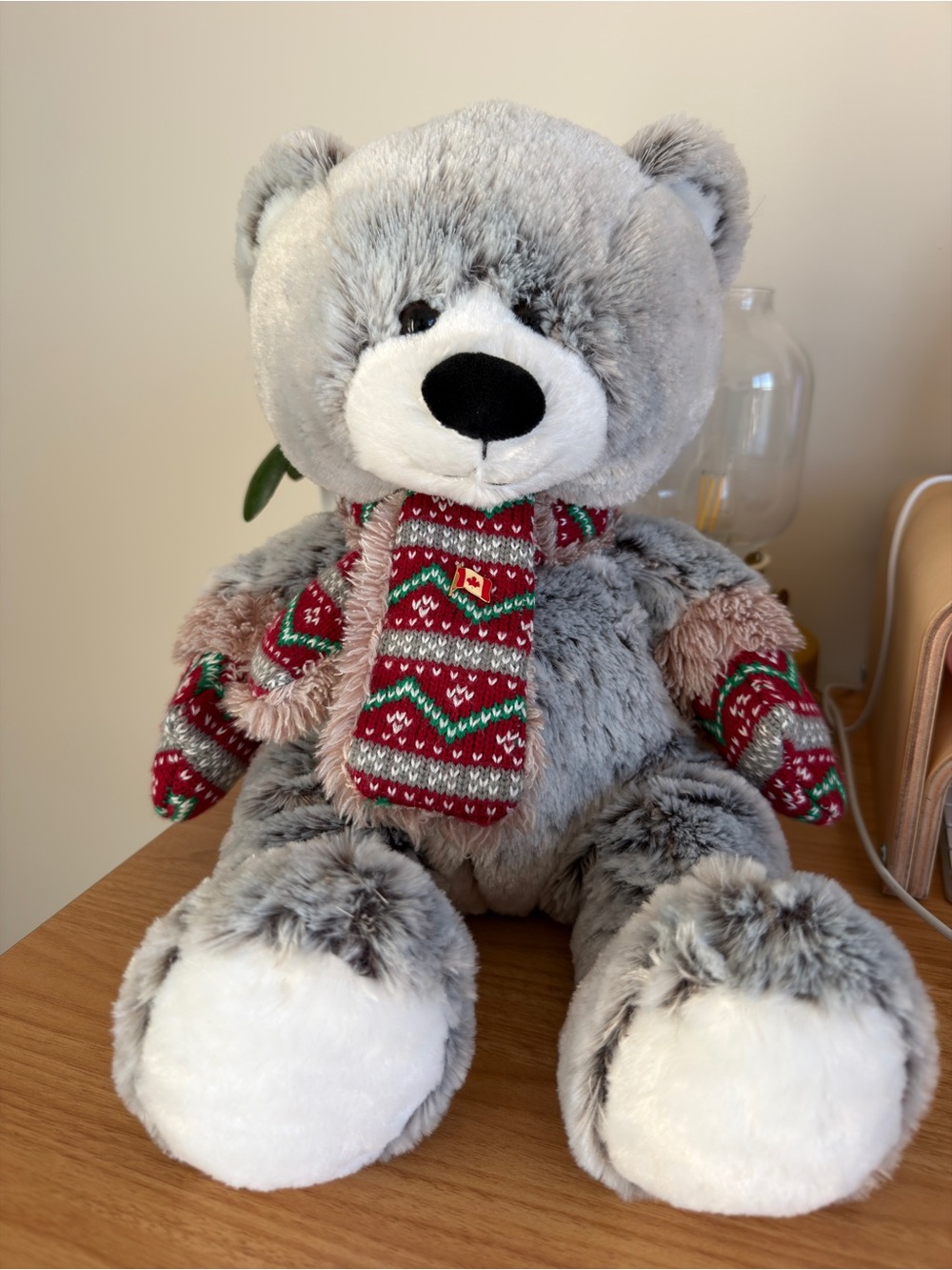 Gray Plush Teddy Bear with Festive Red Knit Scarf and Mittens